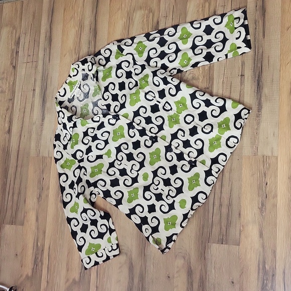 DAVID BROOKS Black Green Beige Linen Artsy V-Neck 3/4 Sleeve Blouse - Picture 7 of 11